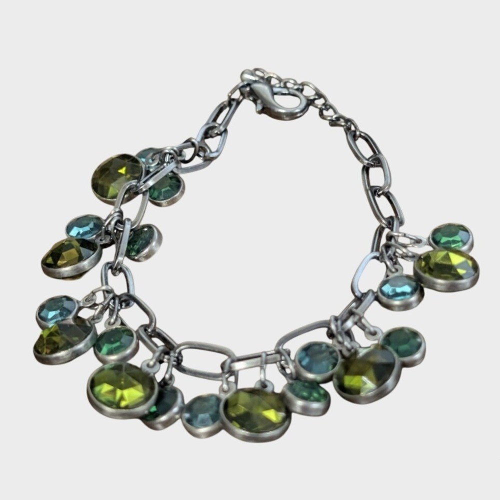 Green Lucite Beaded Bracelet Gray Silver-tone Link Adjustable to 8" Modern